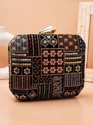   black based sequins and threadwork embroidery clutch bag for women 2