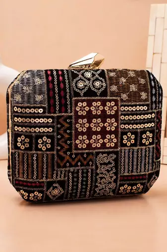   black based sequins and threadwork embroidery clutch bag for women