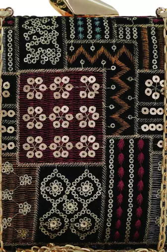   black based sequins and threadwork embroidery clutch bag for women