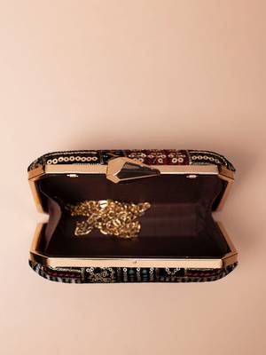   black based sequins and threadwork embroidery clutch bag for women 4