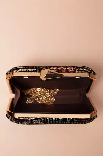   black based sequins and threadwork embroidery clutch bag for women