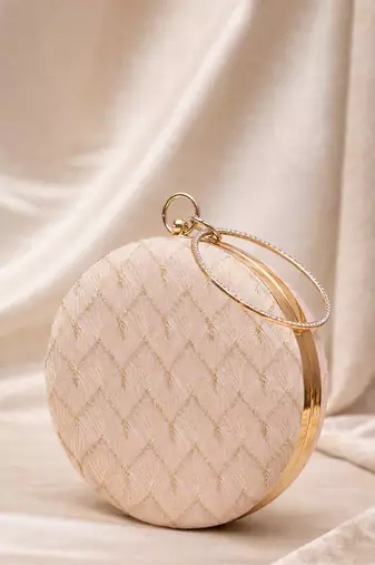   ivory based minimal embroidery clutch bag for women with detachble strap