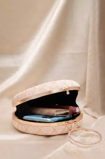   ivory based minimal embroidery clutch bag for women with detachble strap