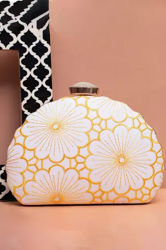 white based yellow thread embroidery party clutch bag for women with detachble strap