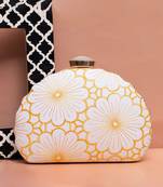 white based yellow thread embroidery party clutch bag for women with detachble strap