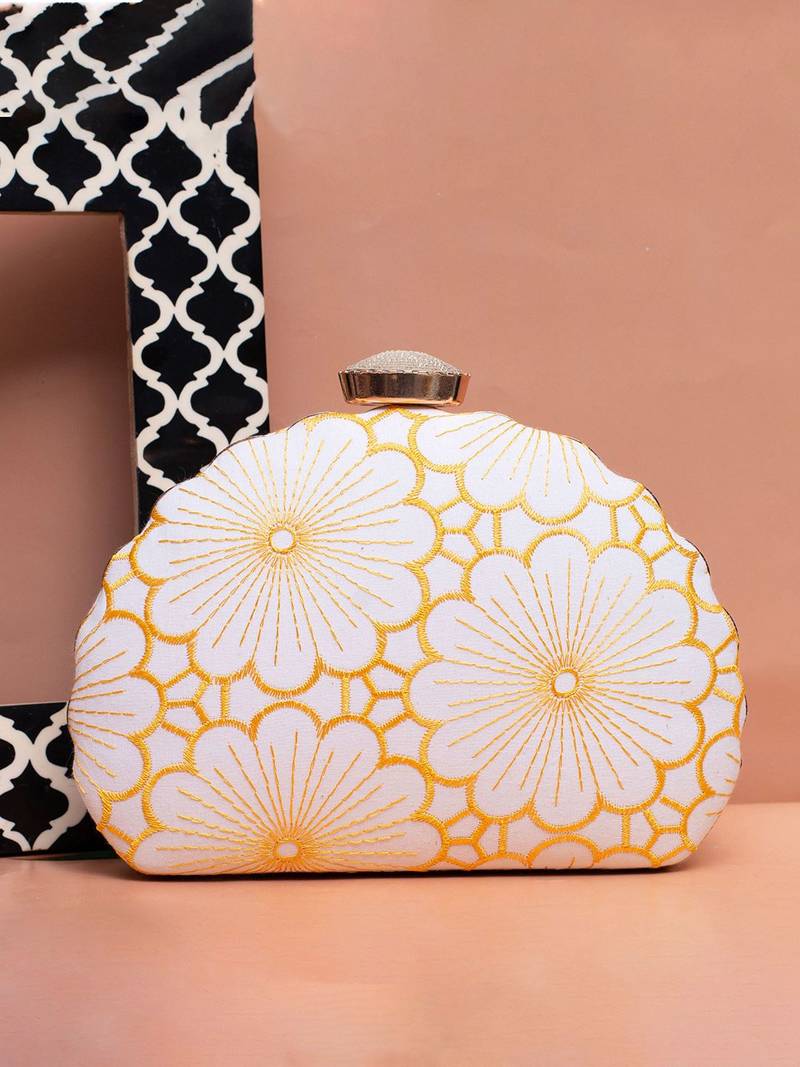 white based yellow thread embroidery party clutch bag for women with detachble strap