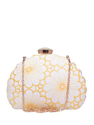 white based yellow thread embroidery party clutch bag for women with detachble strap 2