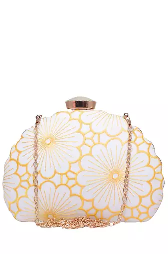 white based yellow thread embroidery party clutch bag for women with detachble strap