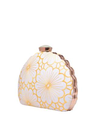 white based yellow thread embroidery party clutch bag for women with detachble strap 3