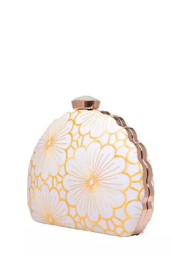 white based yellow thread embroidery party clutch bag for women with detachble strap