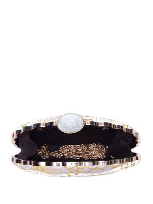 white based yellow thread embroidery party clutch bag for women with detachble strap 4