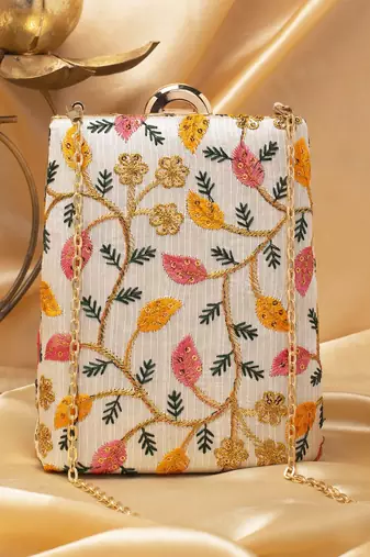   off-white based yellow and pink leaf embroidery clutch bag for women