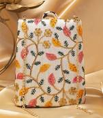   off-white based yellow and pink leaf embroidery clutch bag for women