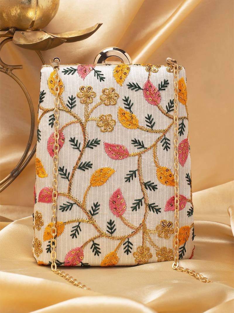  off-white based yellow and pink leaf embroidery clutch bag for women
