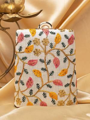   off-white based yellow and pink leaf embroidery clutch bag for women 2