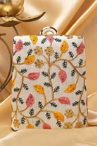   off-white based yellow and pink leaf embroidery clutch bag for women