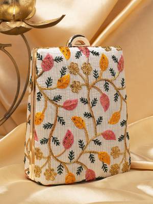   off-white based yellow and pink leaf embroidery clutch bag for women 3
