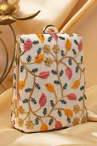   off-white based yellow and pink leaf embroidery clutch bag for women
