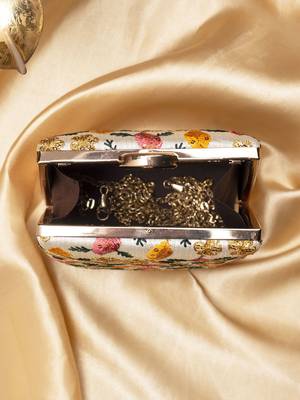   off-white based yellow and pink leaf embroidery clutch bag for women 4