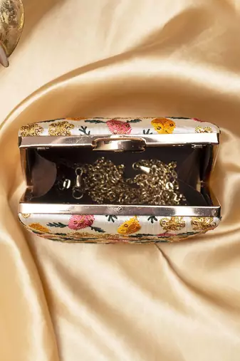   off-white based yellow and pink leaf embroidery clutch bag for women
