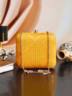   yellow embroidered box clutch bag for women with detachble strap 1