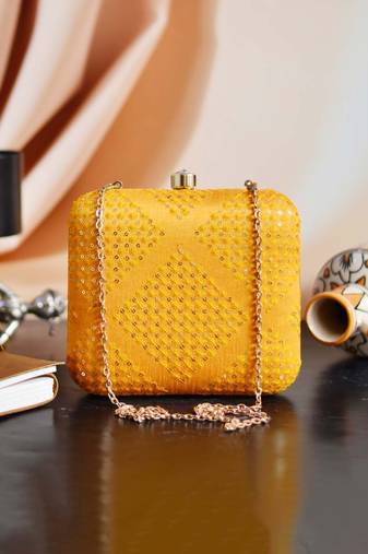   yellow embroidered box clutch bag for women with detachble strap