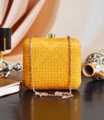   yellow embroidered box clutch bag for women with detachble strap