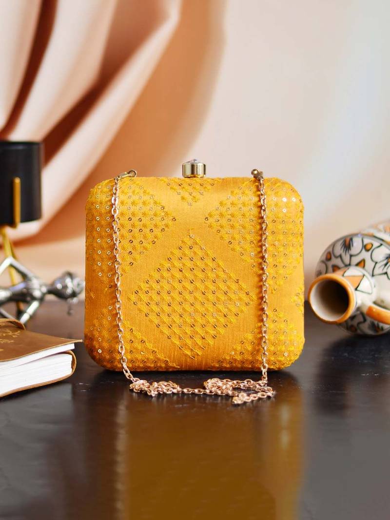   yellow embroidered box clutch bag for women with detachble strap