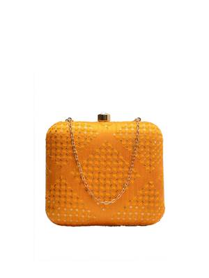   yellow embroidered box clutch bag for women with detachble strap 2