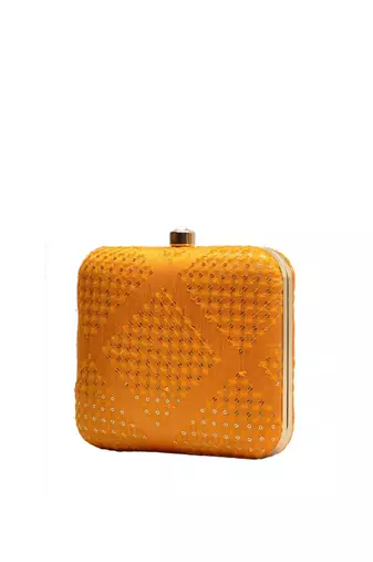   yellow embroidered box clutch bag for women with detachble strap