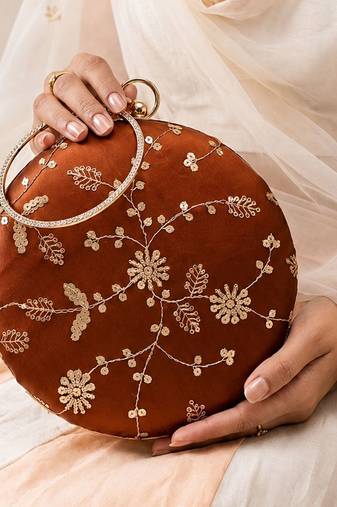   copper brown with golden floral embroidery clutch bag for women with detachble strap