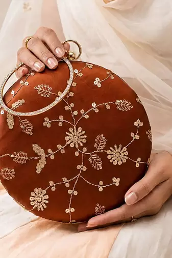   copper brown with golden floral embroidery clutch bag for women with detachble strap