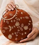   copper brown with golden floral embroidery clutch bag for women with detachble strap