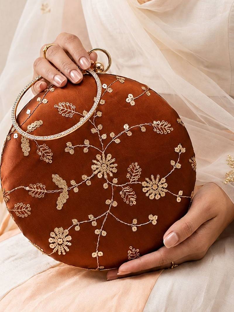   copper brown with golden floral embroidery clutch bag for women with detachble strap