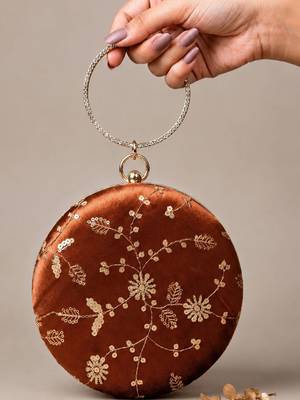   copper brown with golden floral embroidery clutch bag for women with detachble strap 2