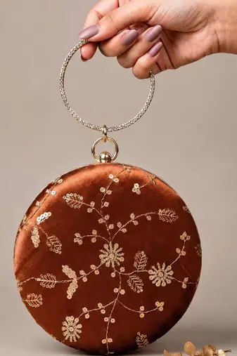   copper brown with golden floral embroidery clutch bag for women with detachble strap
