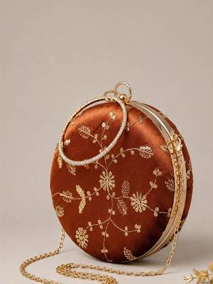   copper brown with golden floral embroidery clutch bag for women with detachble strap 3