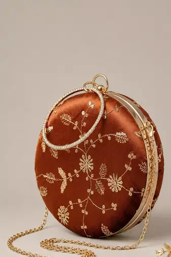   copper brown with golden floral embroidery clutch bag for women with detachble strap