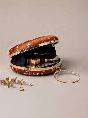   copper brown with golden floral embroidery clutch bag for women with detachble strap 4