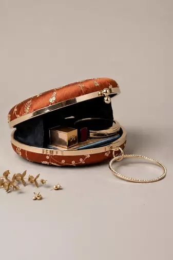   copper brown with golden floral embroidery clutch bag for women with detachble strap