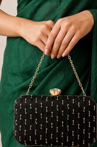   black based sequins embroidery fabric clutch bag for women with detachable chain strap
