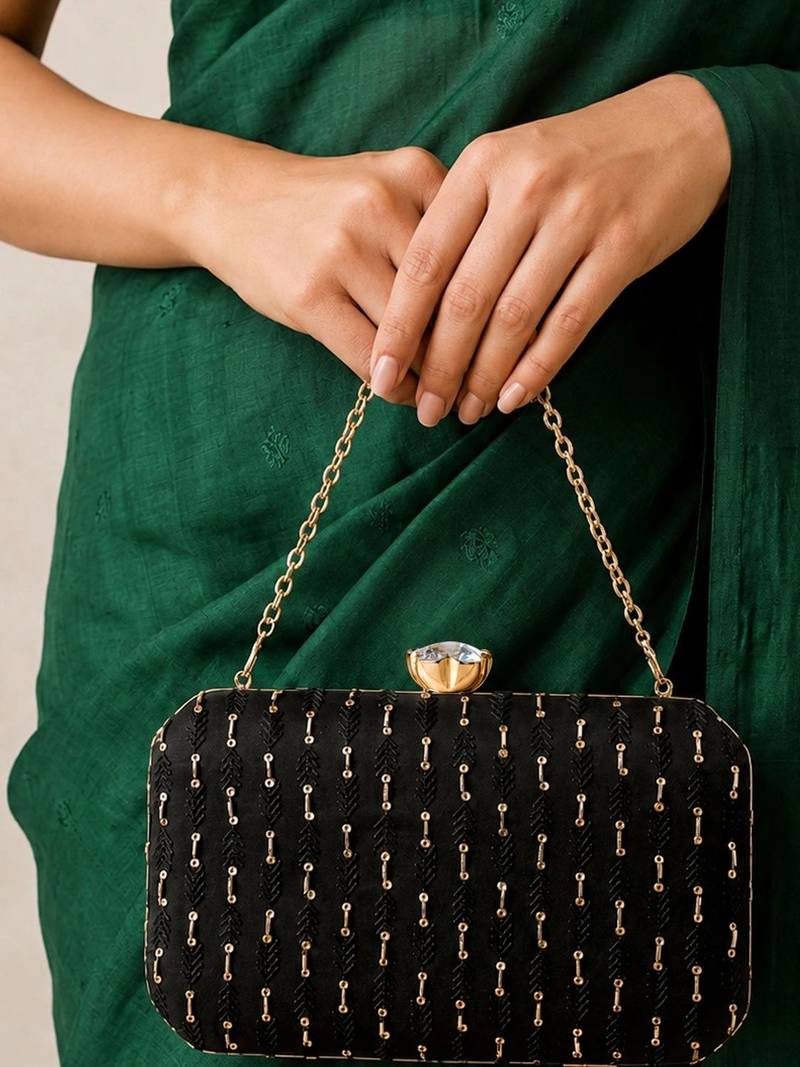   black based sequins embroidery fabric clutch bag for women with detachable chain strap