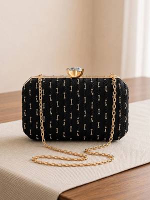   black based sequins embroidery fabric clutch bag for women with detachable chain strap 2