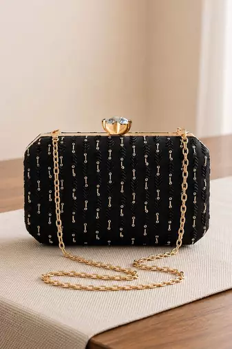   black based sequins embroidery fabric clutch bag for women with detachable chain strap