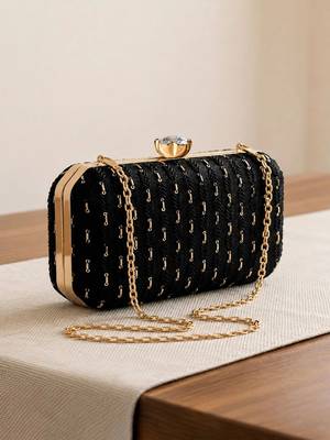   black based sequins embroidery fabric clutch bag for women with detachable chain strap 3