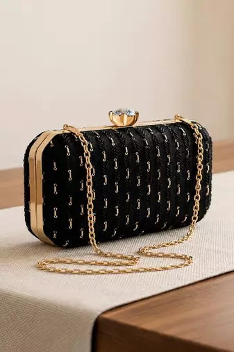   black based sequins embroidery fabric clutch bag for women with detachable chain strap
