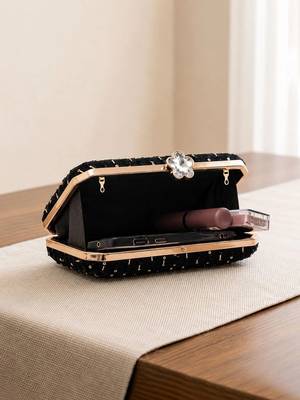   black based sequins embroidery fabric clutch bag for women with detachable chain strap 4