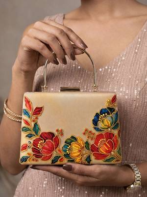  printed gold floral clutch bag for women with detachable strap 1