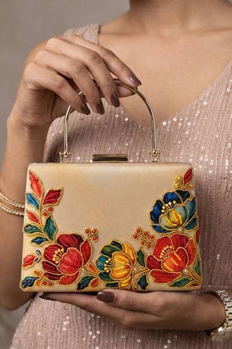   printed gold floral clutch bag for women with detachable strap