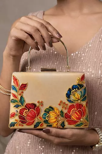   printed gold floral clutch bag for women with detachable strap